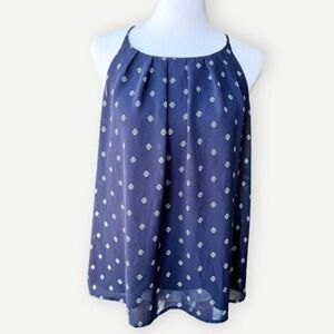 DNA Couture Sleeveless Blue Printed Flowy Lined Tank Top. Shirt. Blouse.